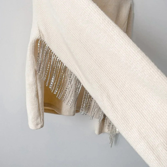 Zara Rhinestone Soft Knit Round Neck Sweater Ecru White  Size Medium NWT - Picture 9 of 14